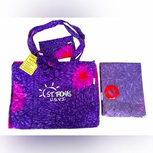 NWT Rima St Thomas Quilted Insulated Beach Tote Bag, Wrap, Pouch & Scrunchie Set